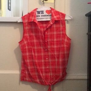 J Crew sleeveless red and white check tie shirt